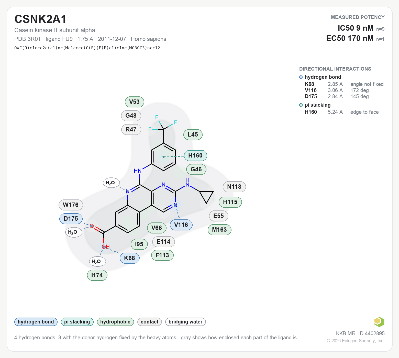 Contact map for CSNK2A1 with ligand FU9 from PDB entry 3R0T, IC50 9 nM in the Kinase Knowledgebase, showing the measured interactions on the flat structure